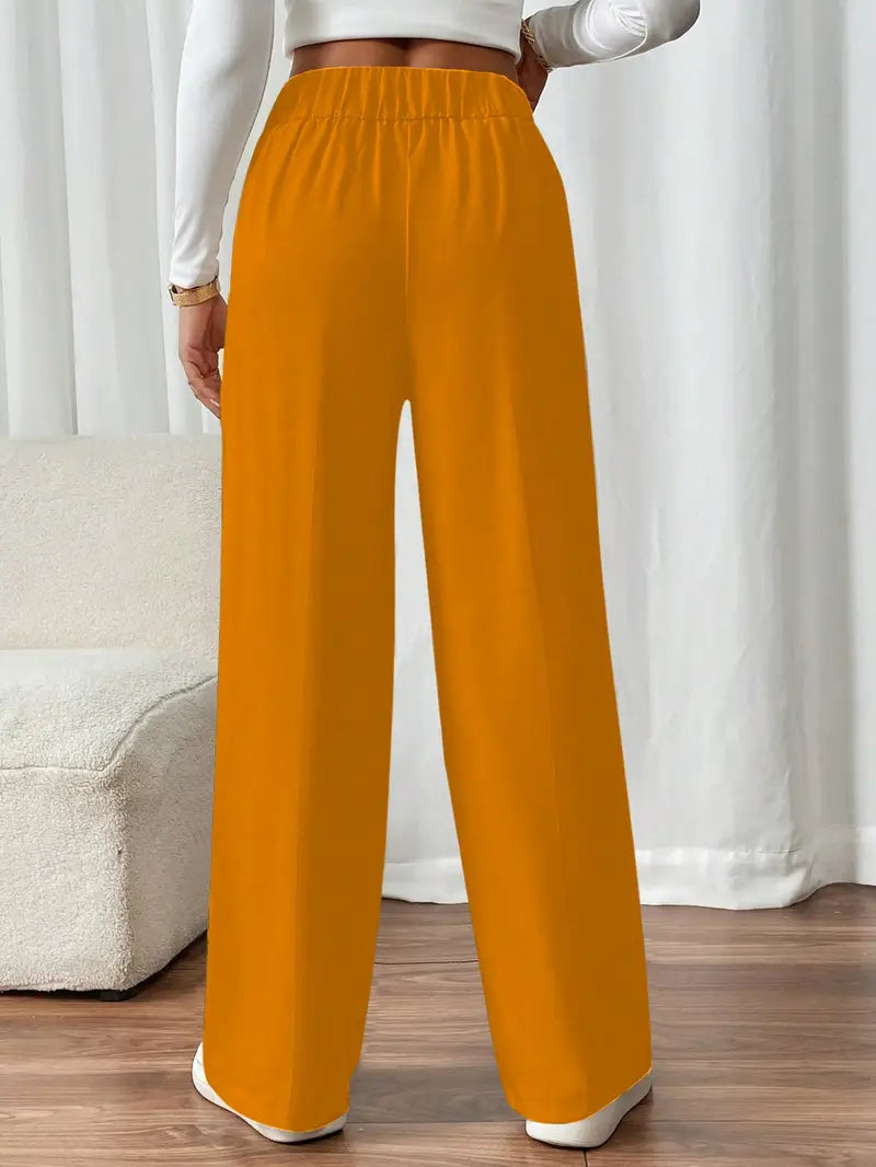 Damen Hose Regular Fit Weites Bein Elastischer Bund Seitentaschen Casual Elegant Alltag Büro