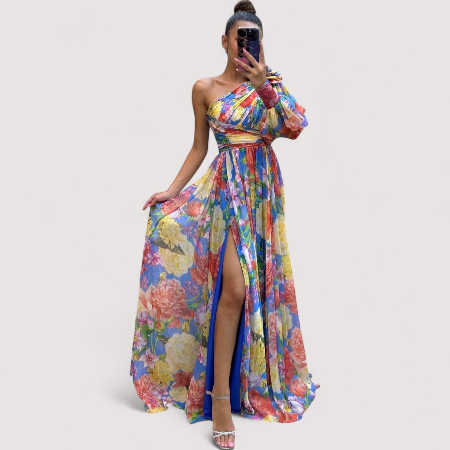 Damen Maxikleid One-Shoulder bedruckt weit schwingend elegant lang