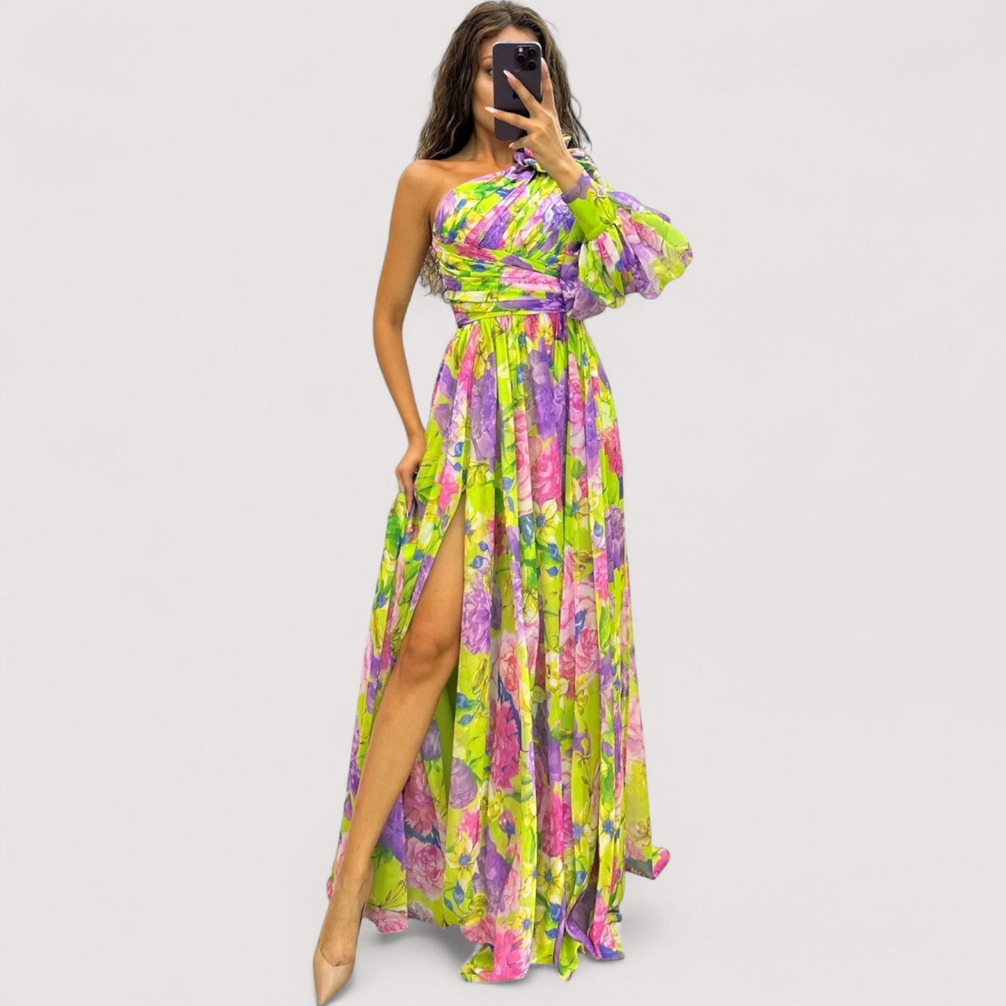 Damen Maxikleid One-Shoulder bedruckt weit schwingend elegant lang