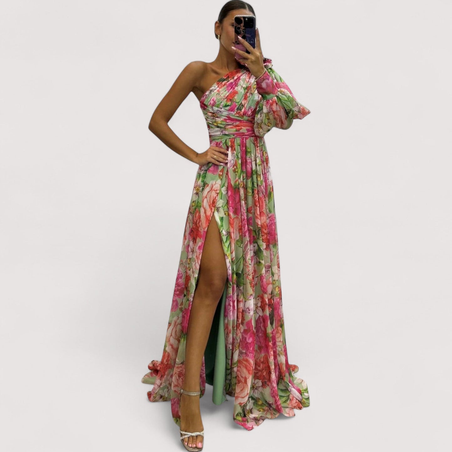 Damen Maxikleid One-Shoulder bedruckt weit schwingend elegant lang
