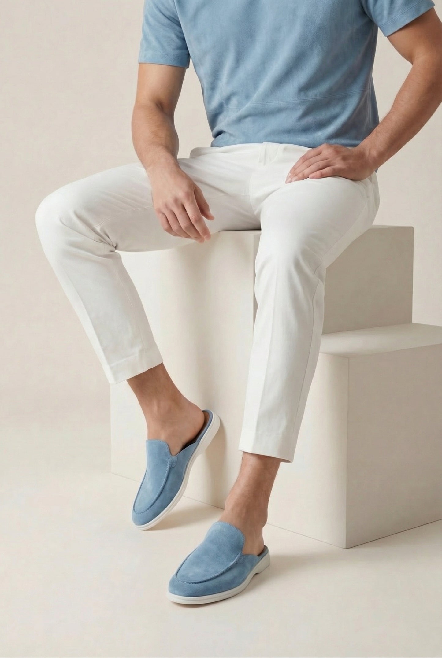 Herren Freizeitschuhe Hellblau Wildleder Mule Slip-On Offene Ferse Leichte Sommerschuhe