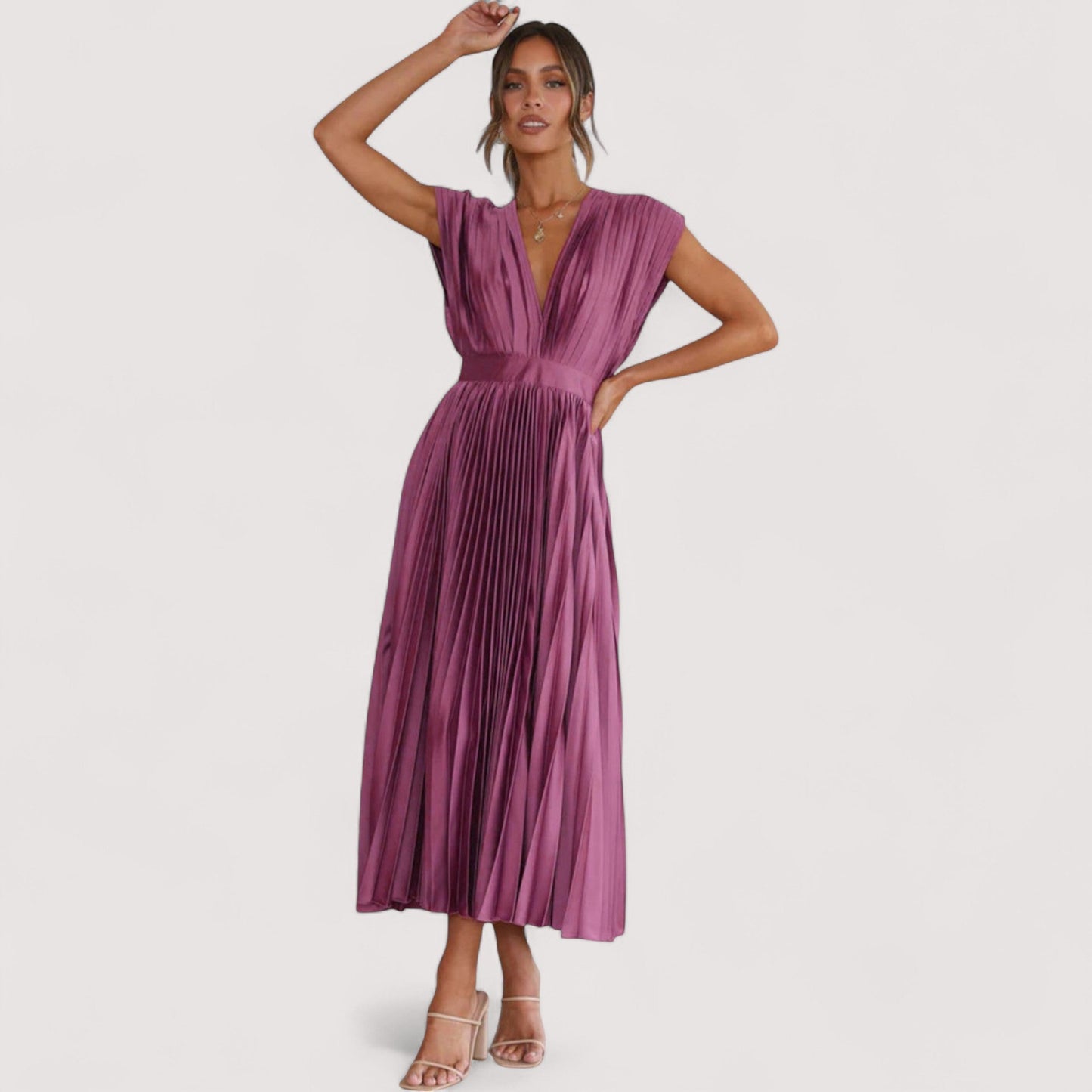 Damen Plisseekleid verstellbare Taille Kordelzug locker Passform elegant fließend