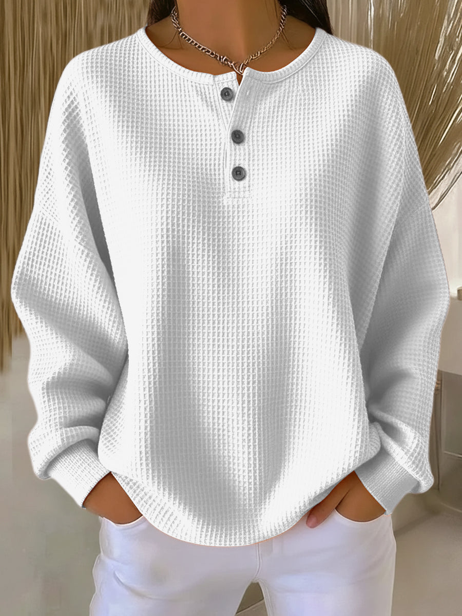 Damen Pullover Waffelstrick Langarm lose warme bequeme Passform
