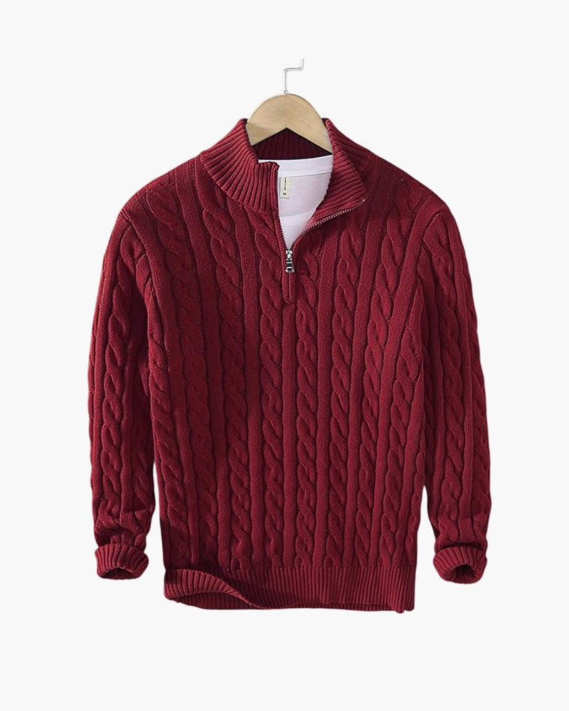 Herren Zopfstrickpullover Stehkragen Reißverschluss Langarm Slim Fit