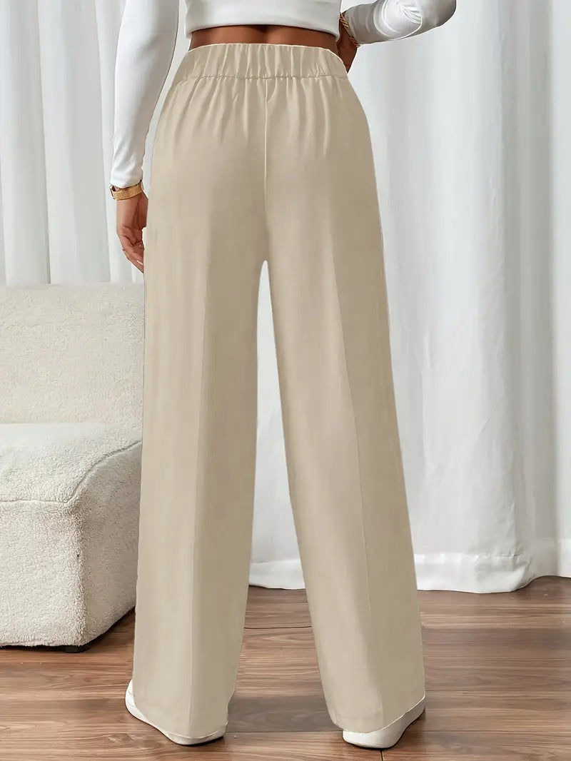 Damen Hose Regular Fit Weites Bein Elastischer Bund Seitentaschen Casual Elegant Alltag Büro