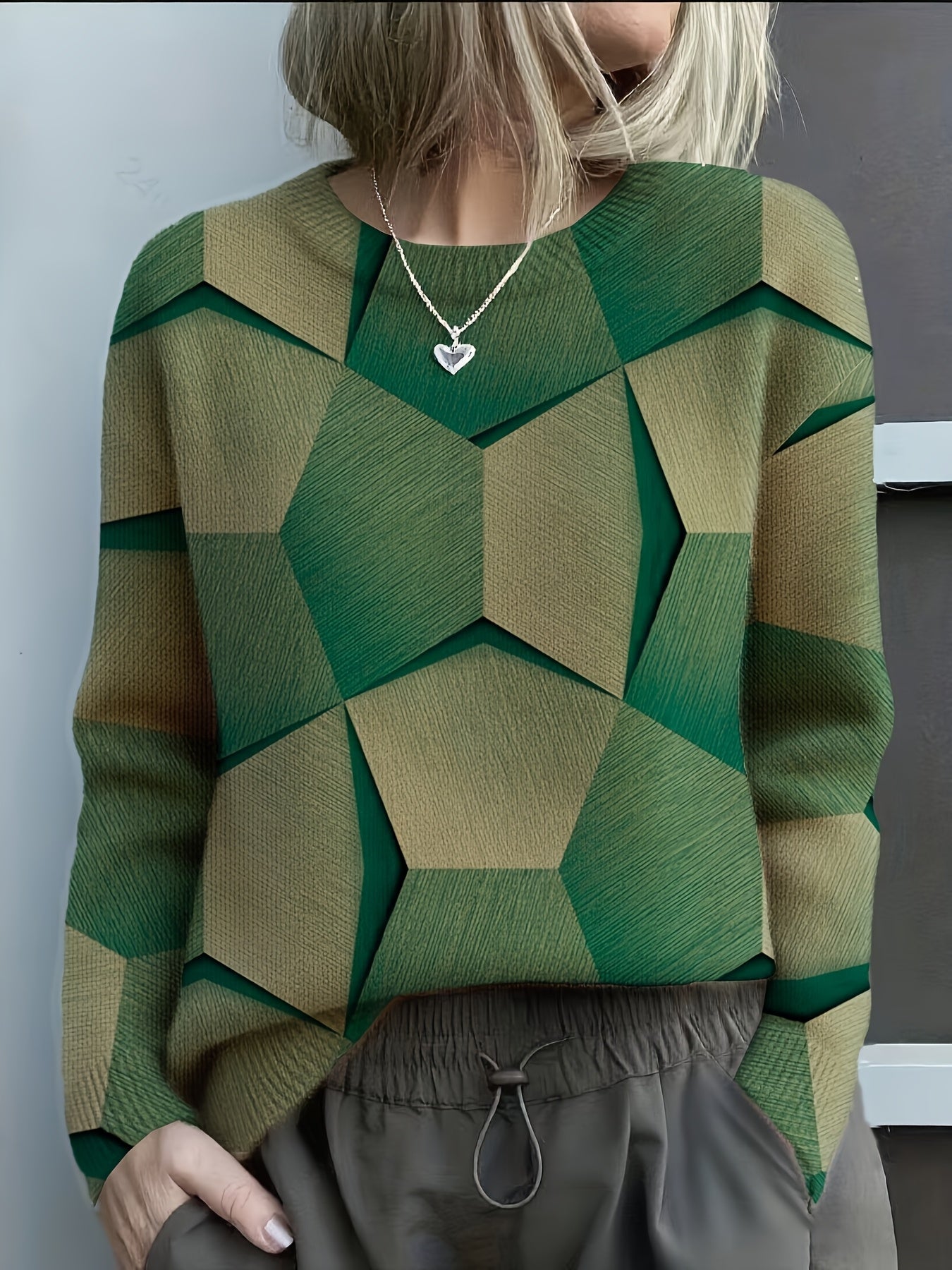Damen Sweatshirt geometrisches Muster locker geschnitten bequem warm langarm