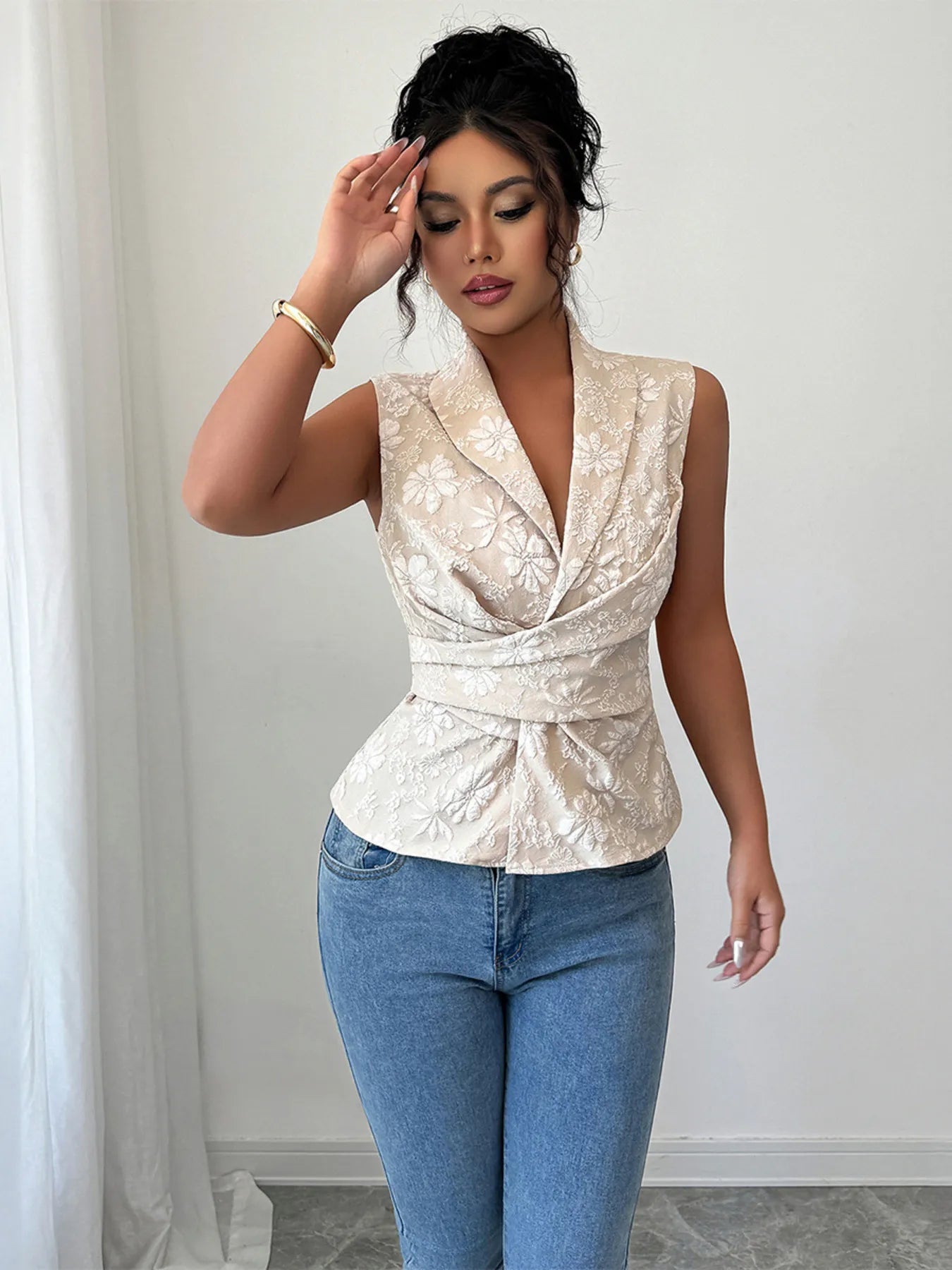 Damen Top ärmellos Polyester Blumenmuster Rüschen leicht fließend Sommer