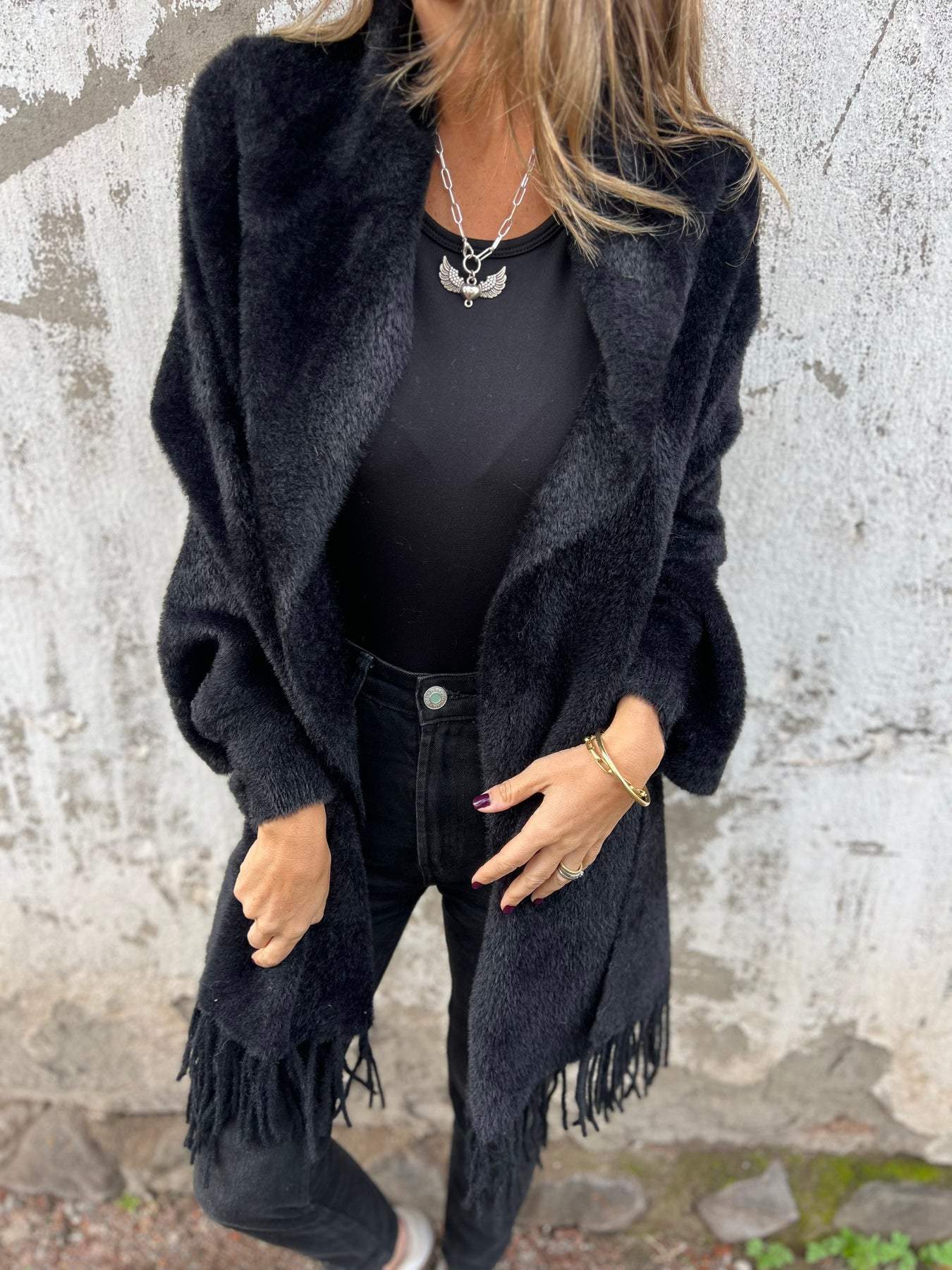 Damen Schalmantel Strickwaren Langarm weiches Grau, schwarz und Weiß, lässiger Stil, Übergang und Winter