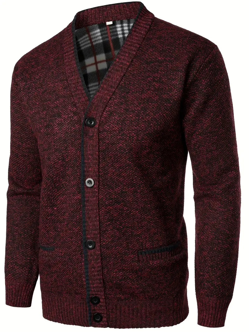 Herren Strickpullover Knopfleiste Taschen Langarm gefütterter Innenraum bequem