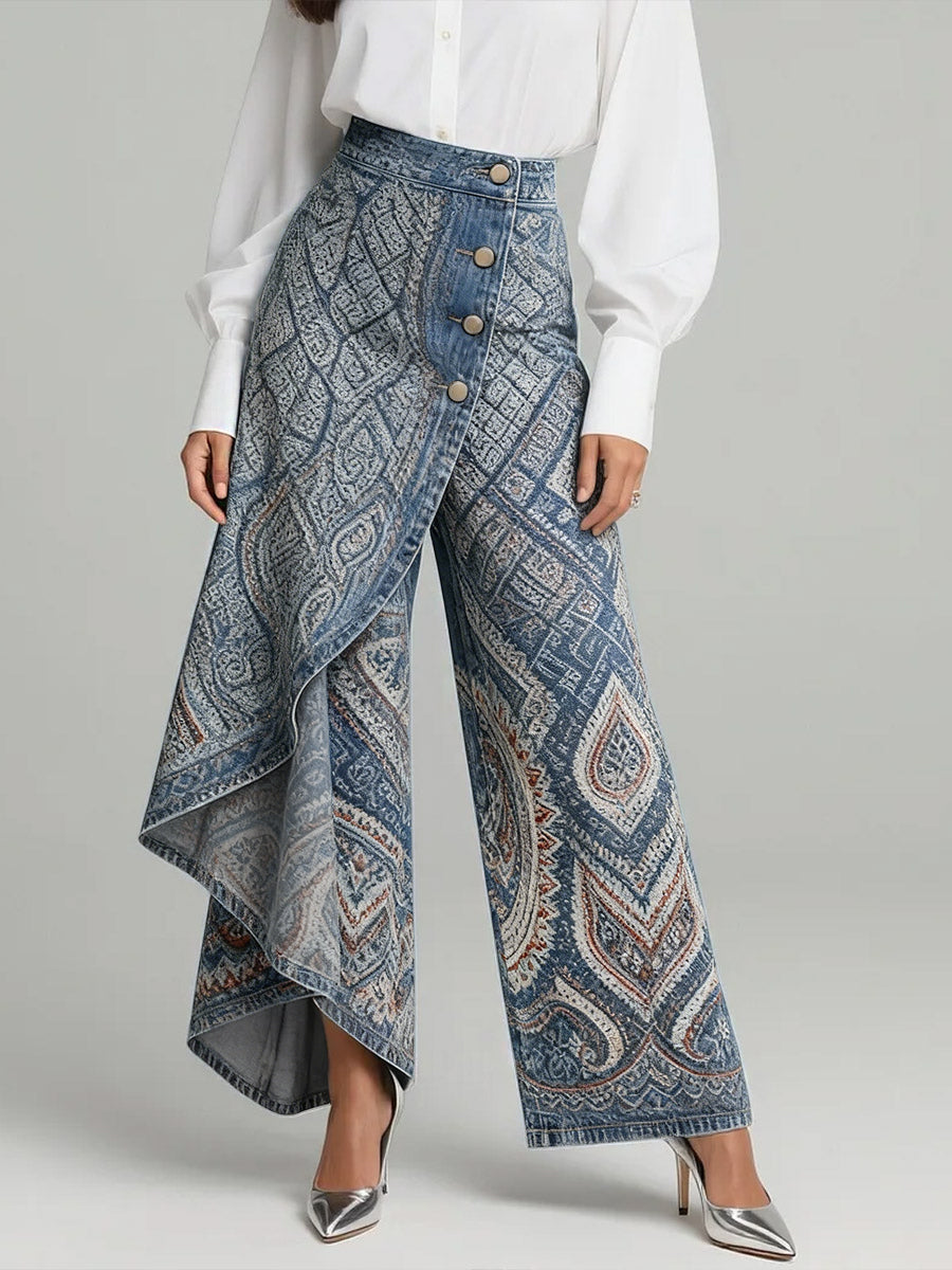 Damenhose weit geschnittenes asymmetrisches Overlay hohe Taille locker fallend