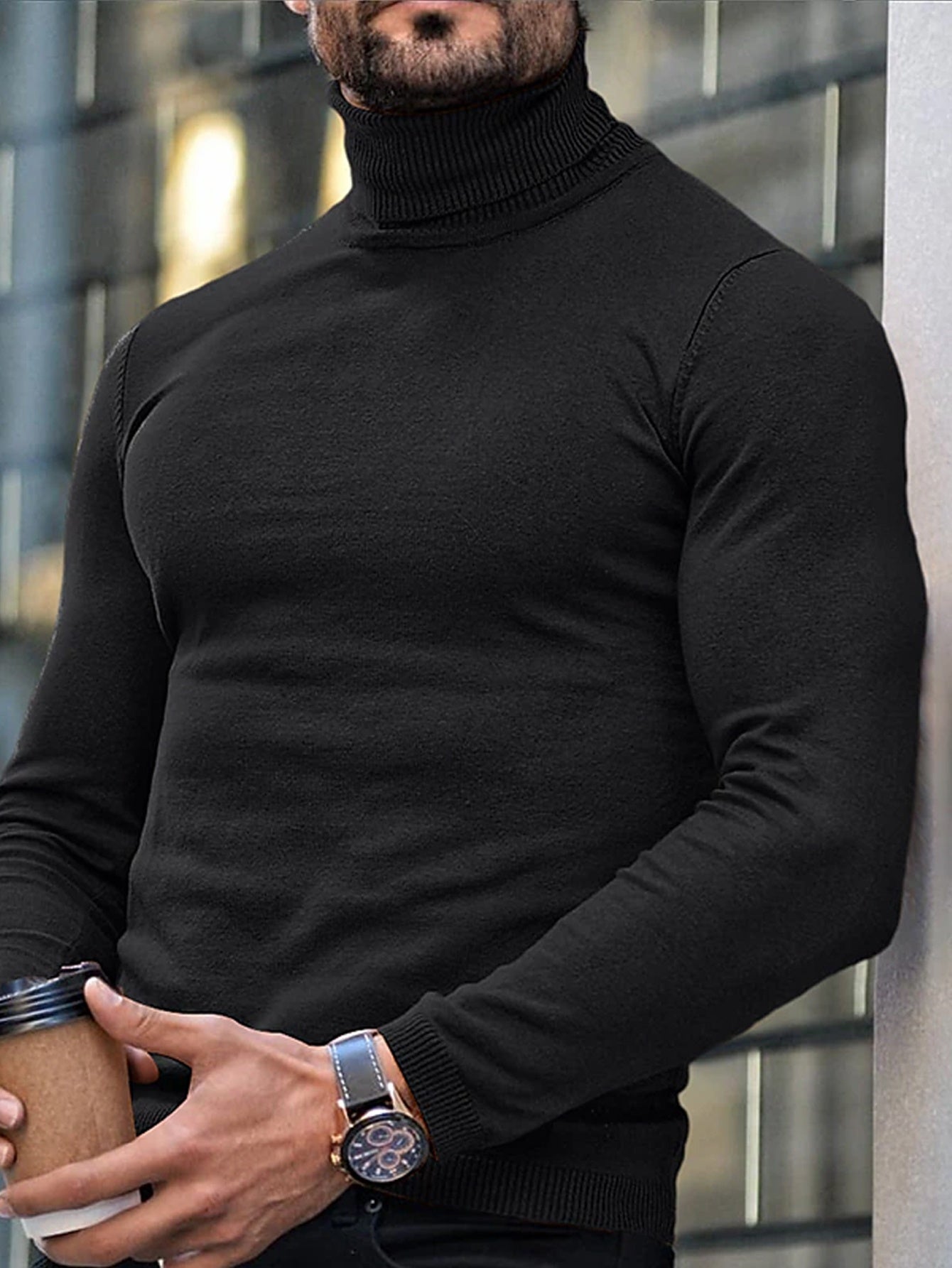 Herren Rollkragenpullover einfarbig normale Passform, leicht dehnbarer Strick