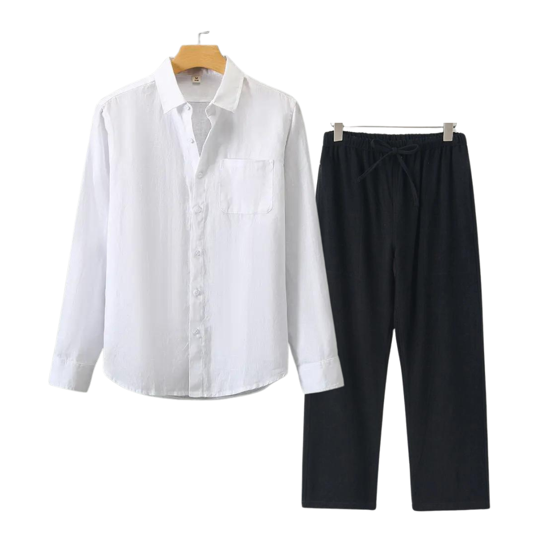 Herren Leinenhemd und Leinenhose Set Sommer Zweiteiler Freizeitanzug aus Leinen