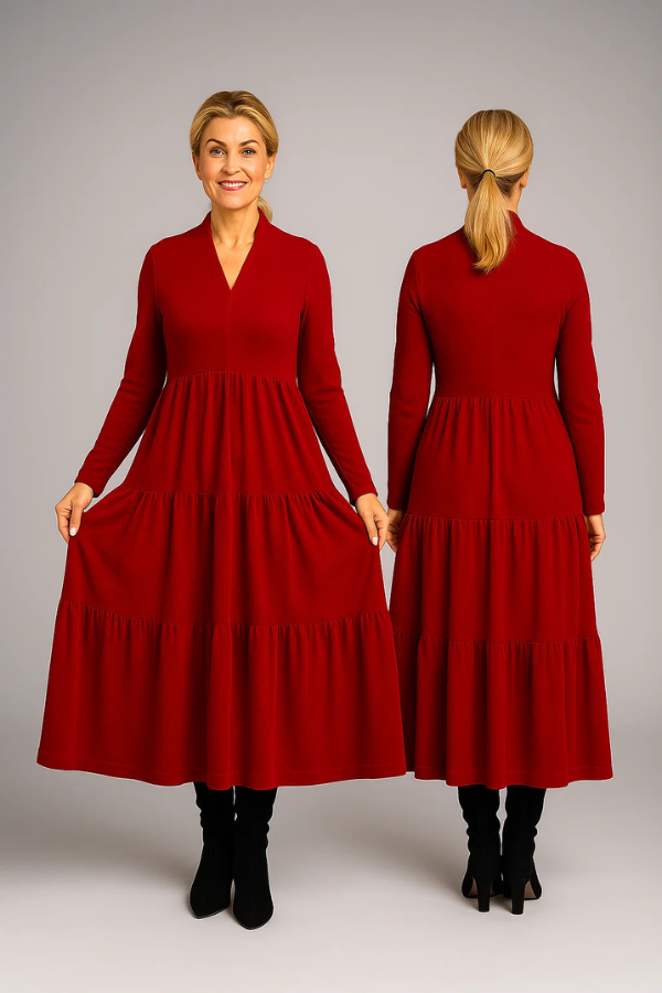 Damen Midikleid einfarbig V-Ausschnitt Langarm A-Linie Taschen komfortable Passform