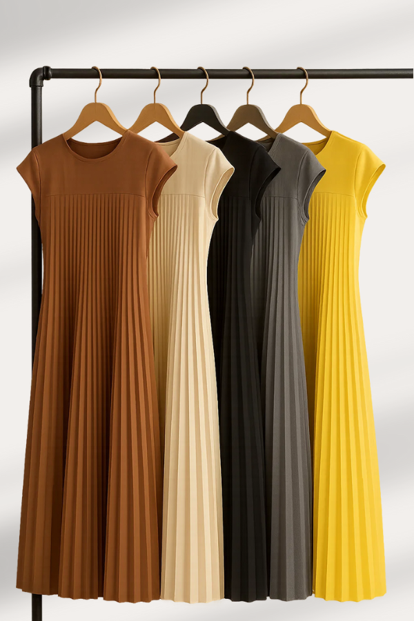 Damen Maxikleid einfarbig ärmellos Rundhals locker Passform Taschen gerafft