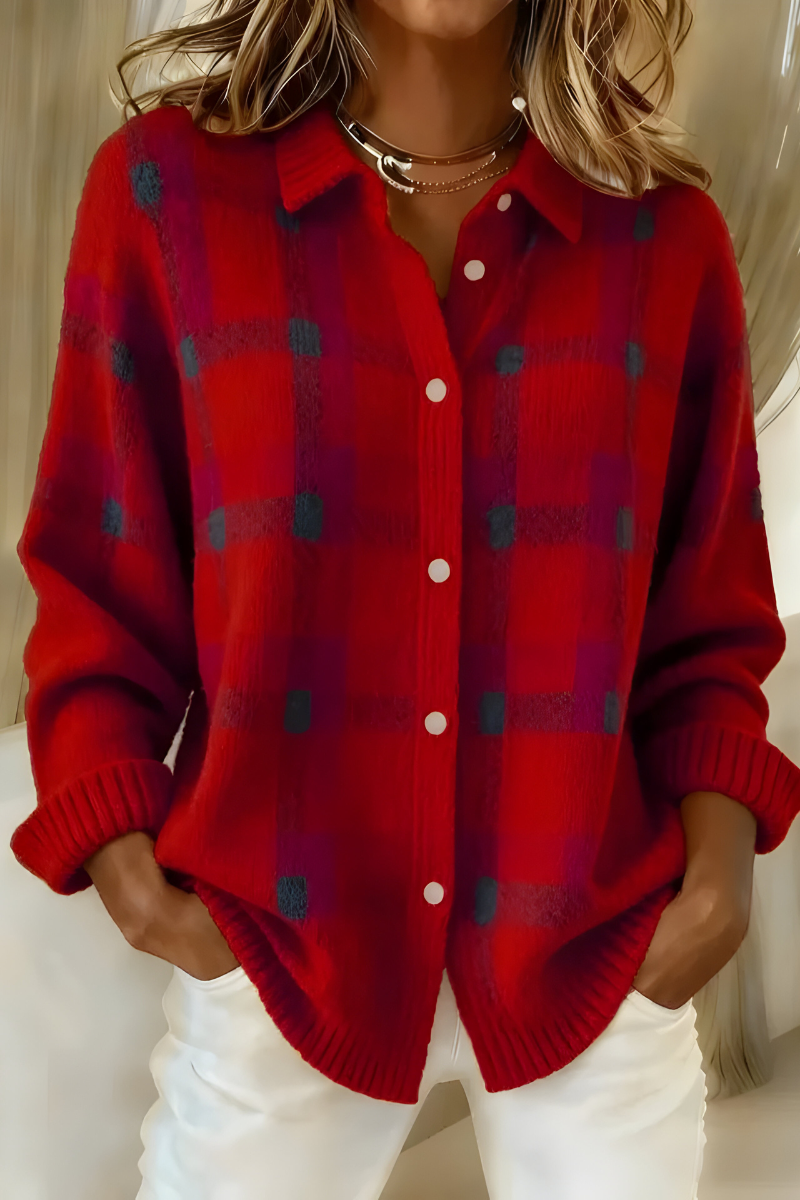 Damen Strickjacke kariert lose weiche warme Knopfleiste für eine bequeme Passform