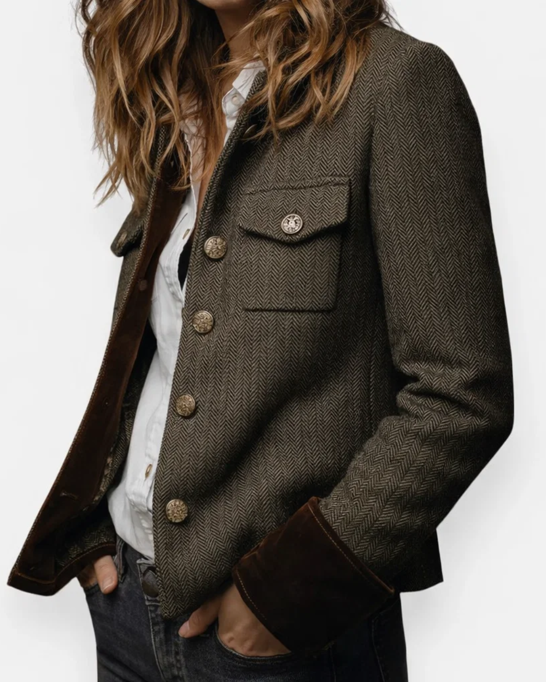 Damen Blazer Tailliert Fischgrät Muster Elegant Knopfleiste Kontrast Manschetten