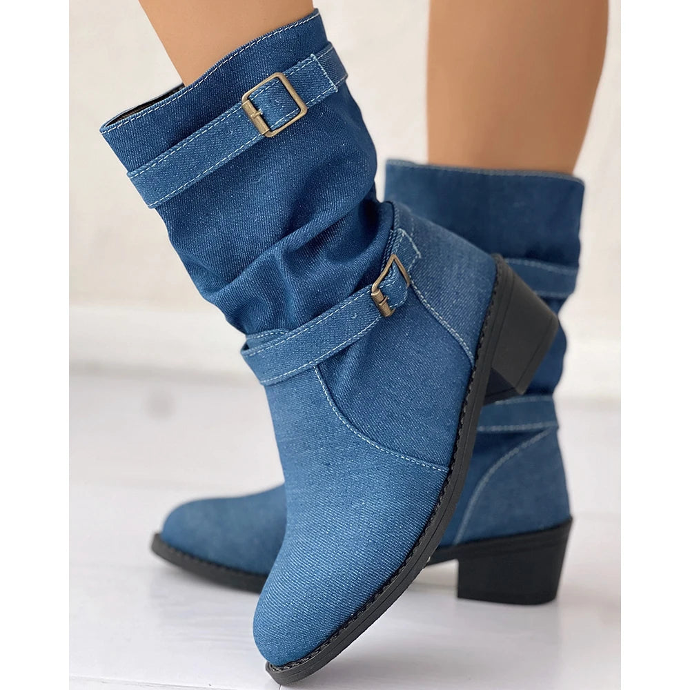 Damen Denim Schnalle Blockabsatz Mandel Stiefeletten geformt bequem