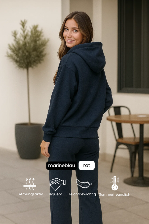 Damen Zweiteiler Regular Fit Hoodie mit Druckknopf-Saum Hose Elastischer Bund Freizeit Trainingsanzug Set 2-teilig