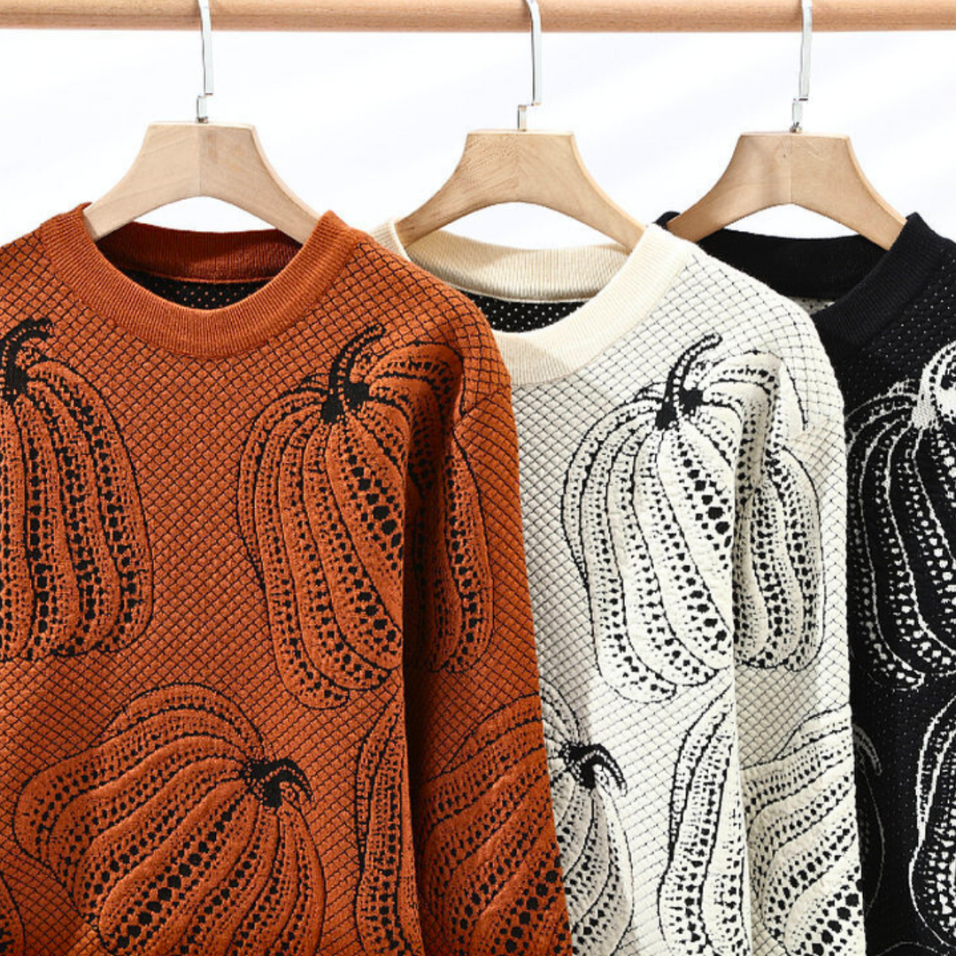 Damen Strickpullover Kürbismuster locker geschnitten warme bequeme Langarm