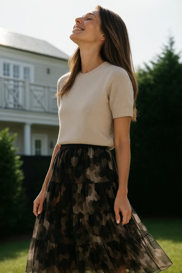 Damen Zweiteiler Regular Fit Strickoberteil mit Kurzarm Mesh-Rock Leopardenmuster A-Linie Set 2-teilig