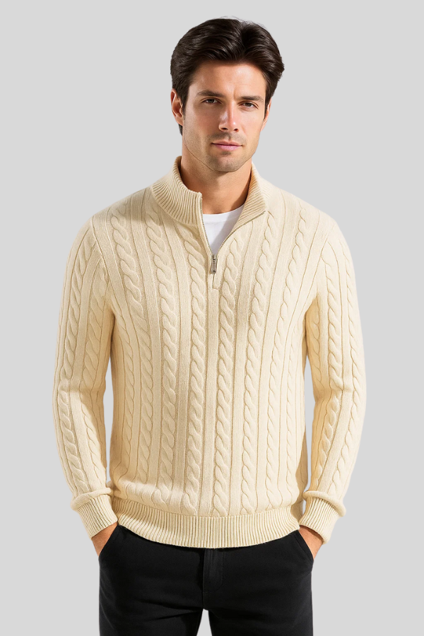 Herren Zopfstrickpullover Stehkragen Reißverschluss Langarm Slim Fit