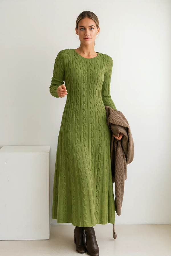 Damen Langkleid Strick figurbetont mit Rundhalsausschnitt langärmlig elastisch bequeme Passform elegant