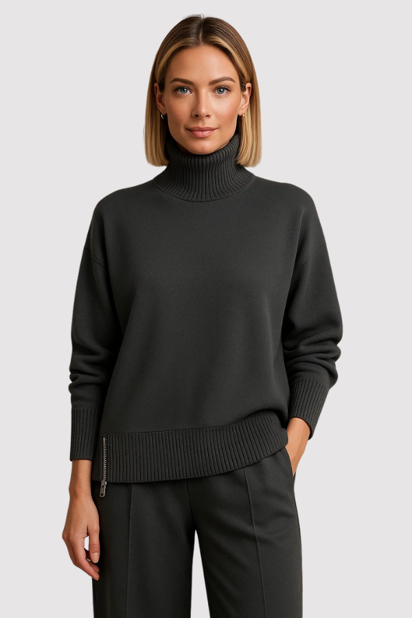 Damen Zweiteiler Regular Fit Strickset Rollkragen Pullover mit weiter Hose Loungewear Set einfarbig 2-teilig
