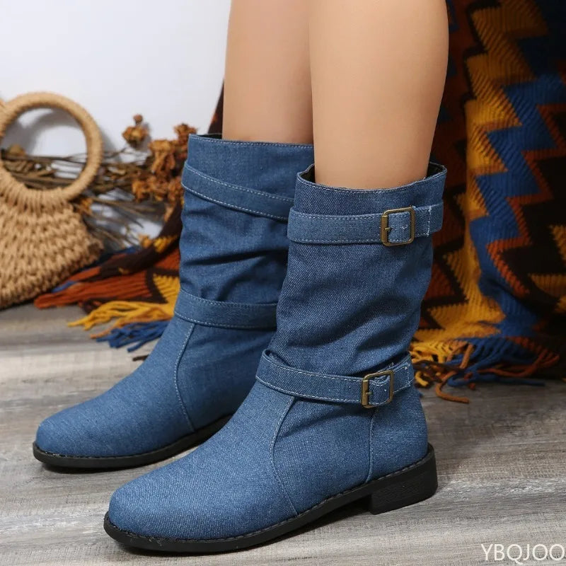 Damen Denim Schnalle Blockabsatz Mandel Stiefeletten geformt bequem