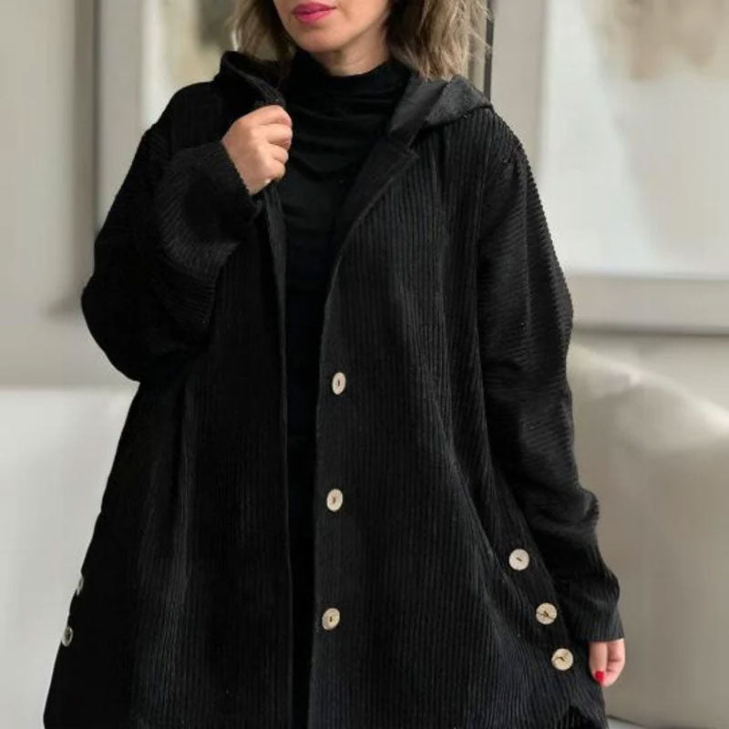 Damen Kordjacke einfarbig Kapuze Langarm Regular Fit Herbst Winter Freizeit Vintage Jacke