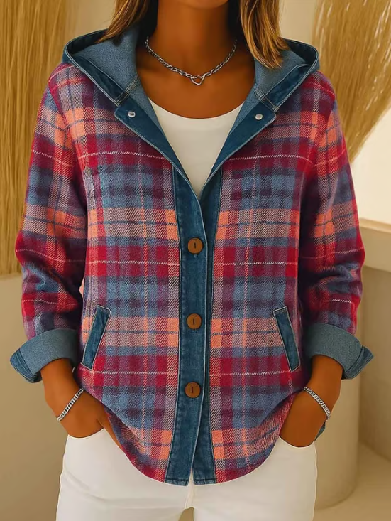 Unisex Karojacke Kapuze Knopfverschluss Karomuster Lässige Layering-Jacke