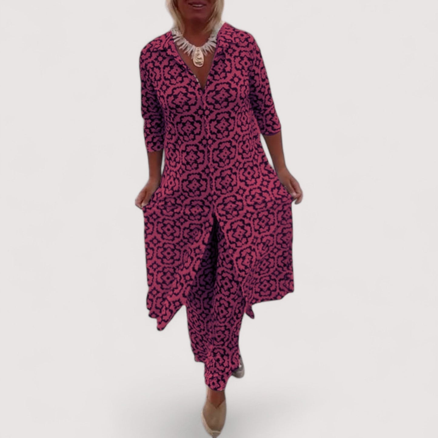 Damen Zweiteiler Set geometrisches Muster locker geschnitten bequem vielseitig kombinierbar elegante Passform