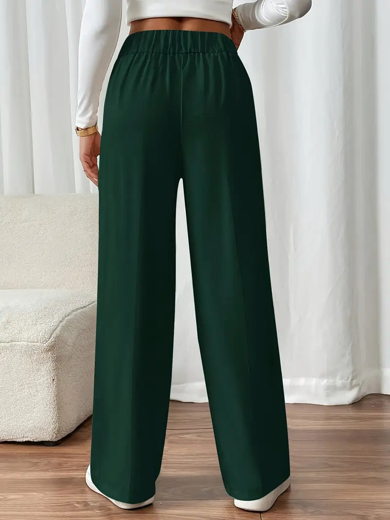 Damen Hose Regular Fit Weites Bein Elastischer Bund Seitentaschen Casual Elegant Alltag Büro