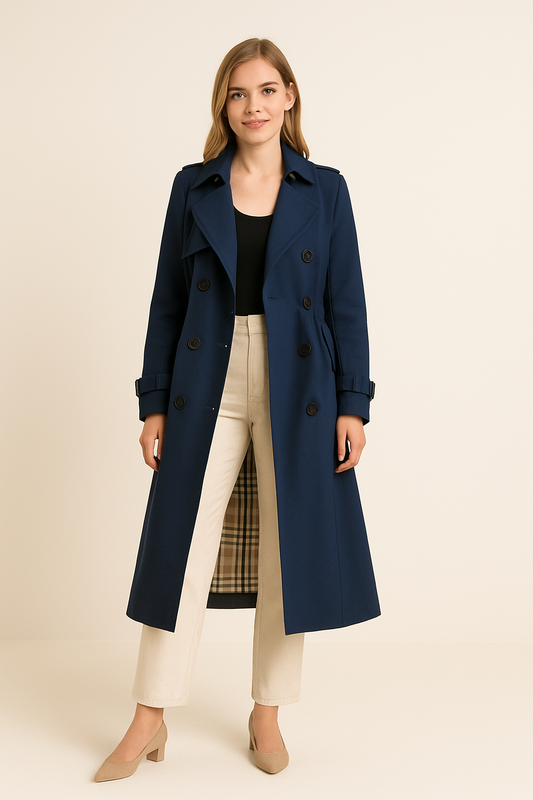 WILHELM | Eleganter Damen Trenchcoat lang mit Bindegürtel und Knopfleiste