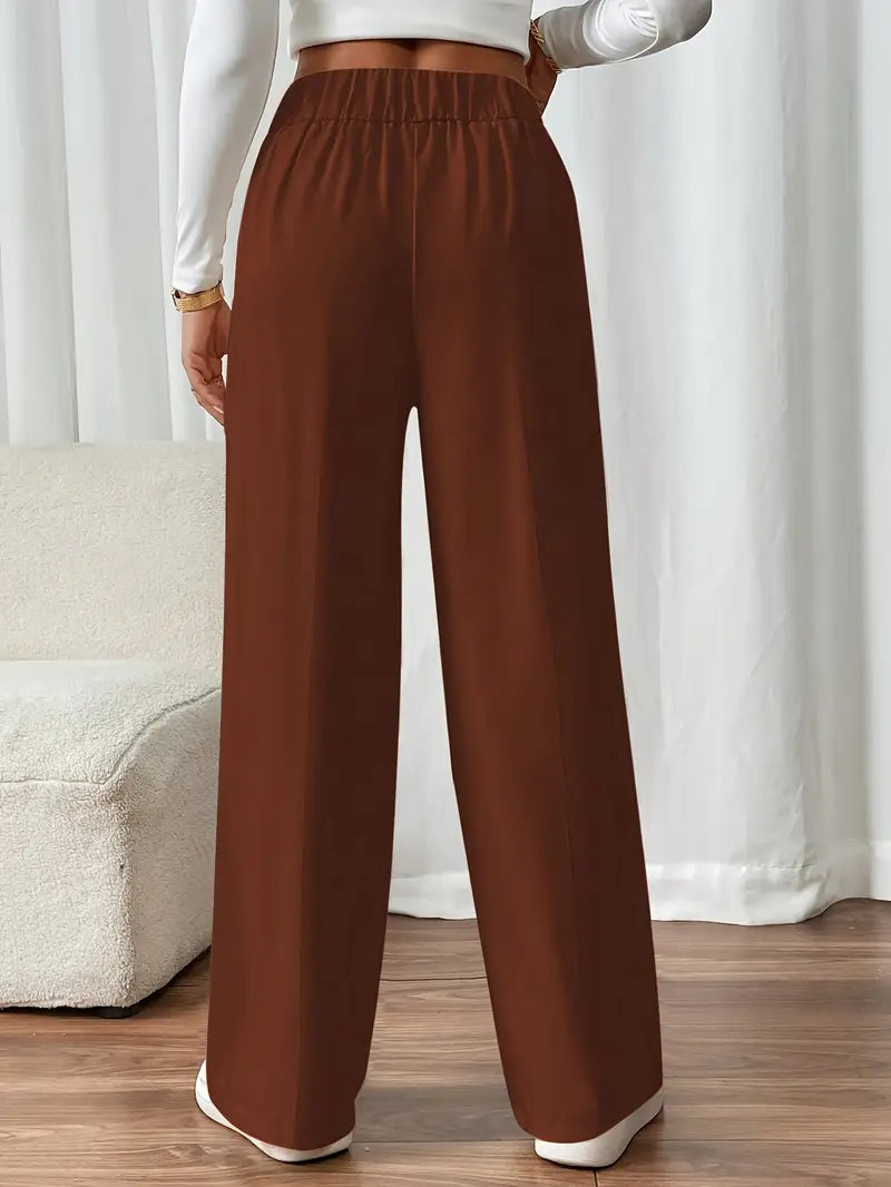 Damen Hose Regular Fit Weites Bein Elastischer Bund Seitentaschen Casual Elegant Alltag Büro