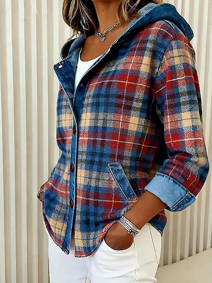 Unisex Karojacke Kapuze Knopfverschluss Karomuster Lässige Layering-Jacke