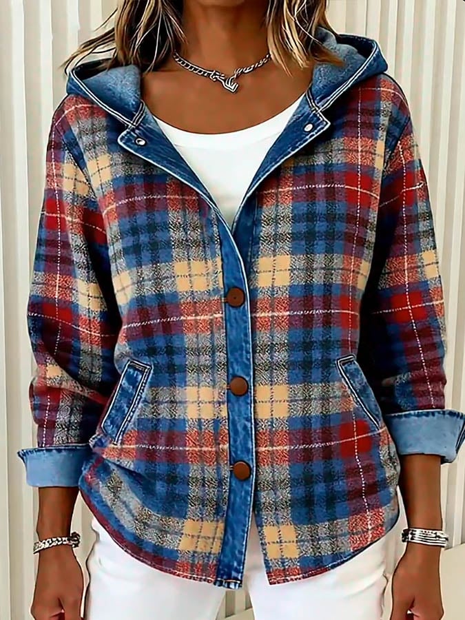 Unisex Karojacke Kapuze Knopfverschluss Karomuster Lässige Layering-Jacke