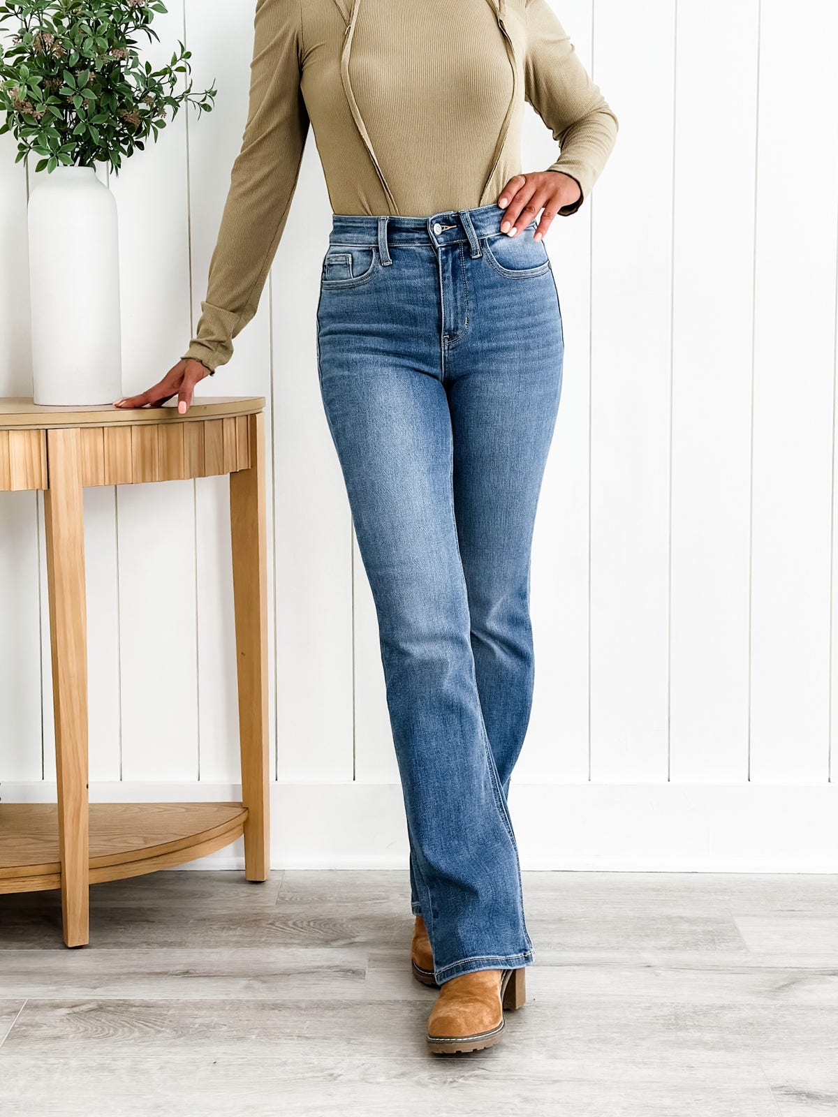 Damenjeans Stretch hohe Taille schlanke Bauchkontrolle, bequeme Passform