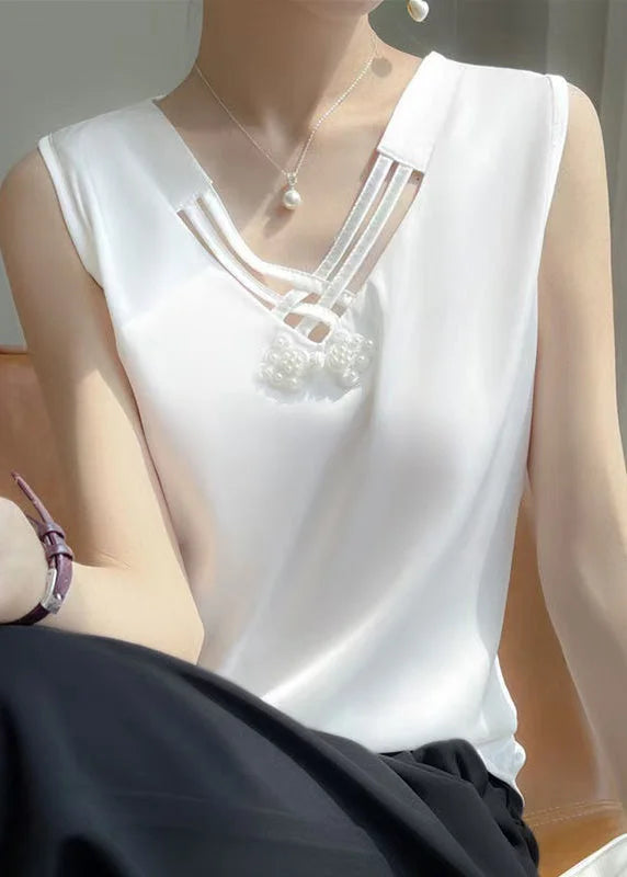 Damen Tank Top Seidenmischung ärmellos einfarbig V-Ausschnitt Perlendetails-elegant locker