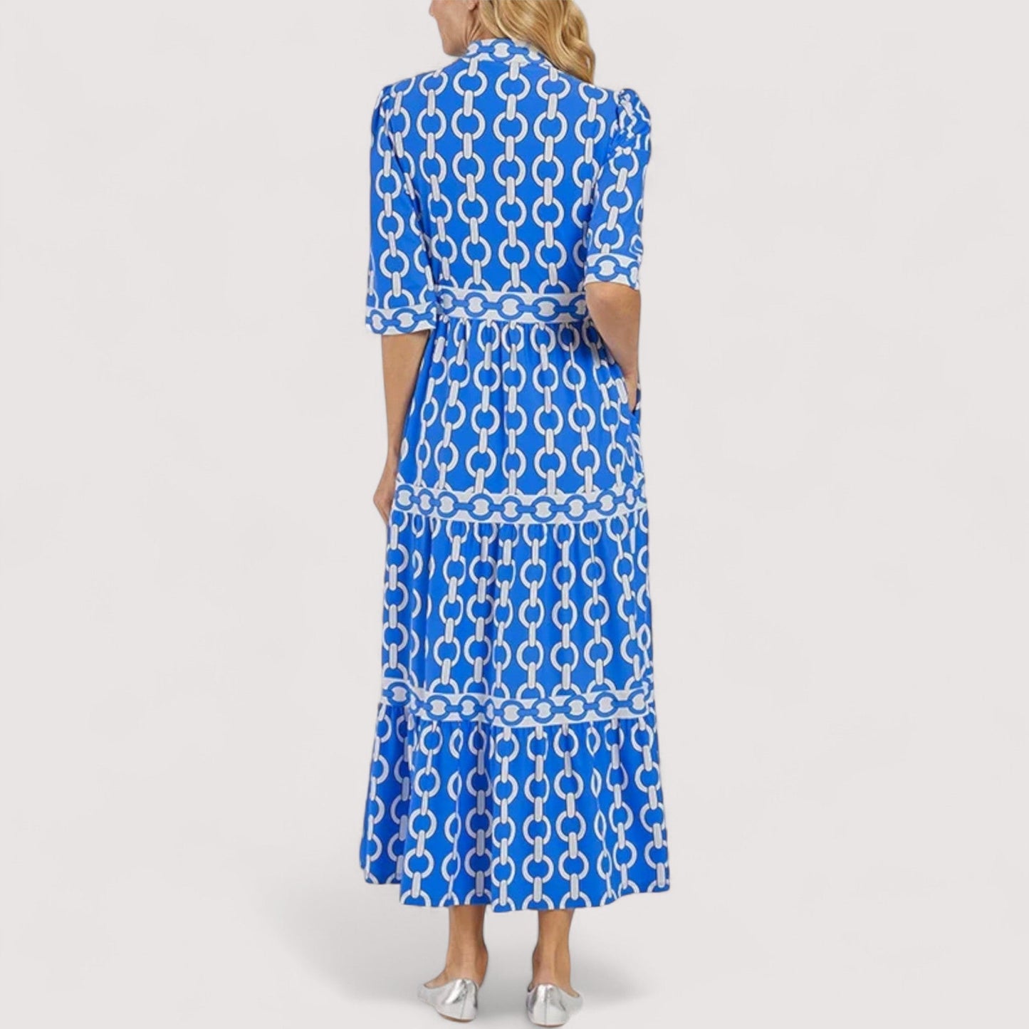 Damen Midikleid Hemdkragen Knopfleiste 3/4 Ärmel tailliert Stufenrock elegant