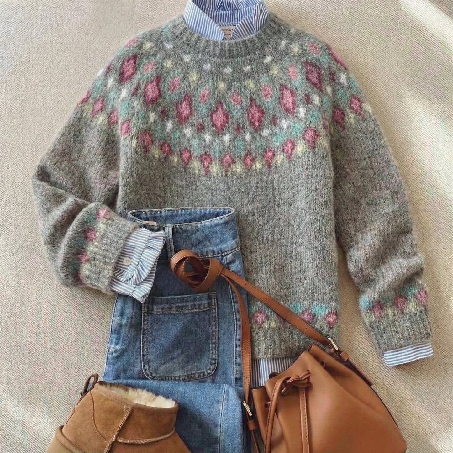 Damen Strickpullover nordisches Muster locker geschnitten warm bequem langarm