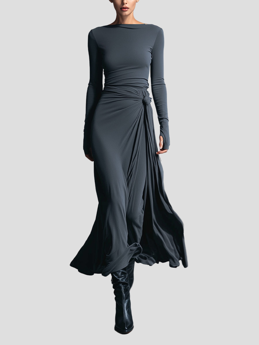 Damen Wickelstresskleid grau elastisches Langarm Figur seitliche Knoten Winterkleid