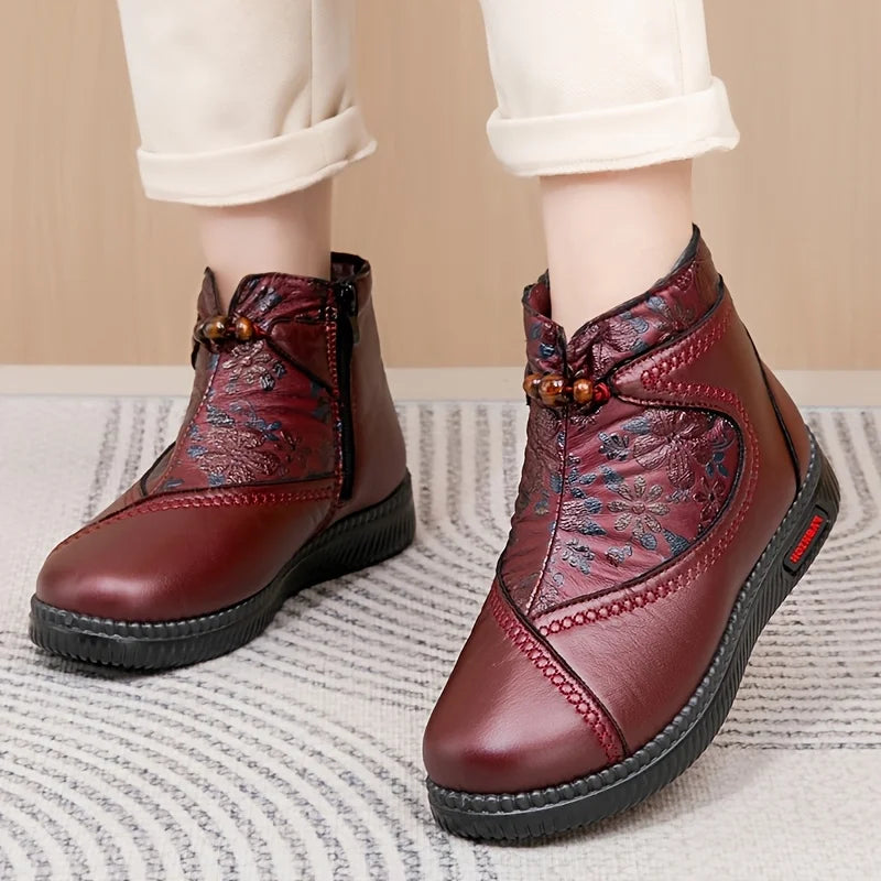 Damen Stiefeletten Lederoptik Blumen Reißverschluss gefüttert rutschfest bequem