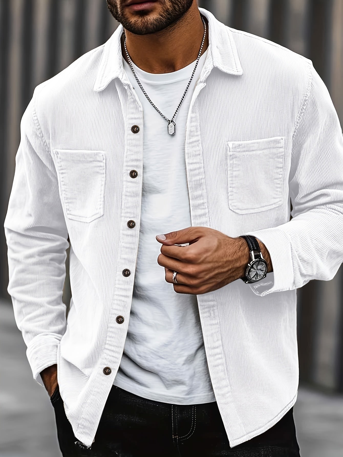 Herren Hemdjacke Polyester Kordeloptik einfarbiger Reverskragen langa