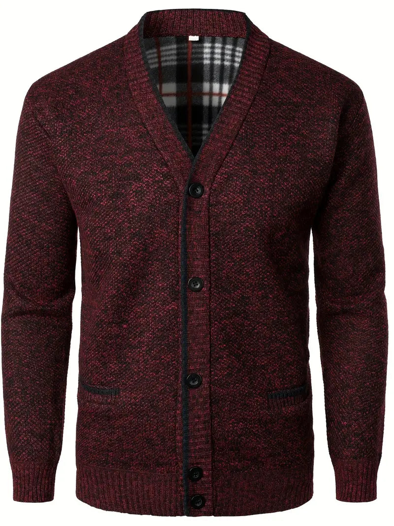 Herren Strickpullover Knopfleiste Taschen Langarm gefütterter Innenraum bequem