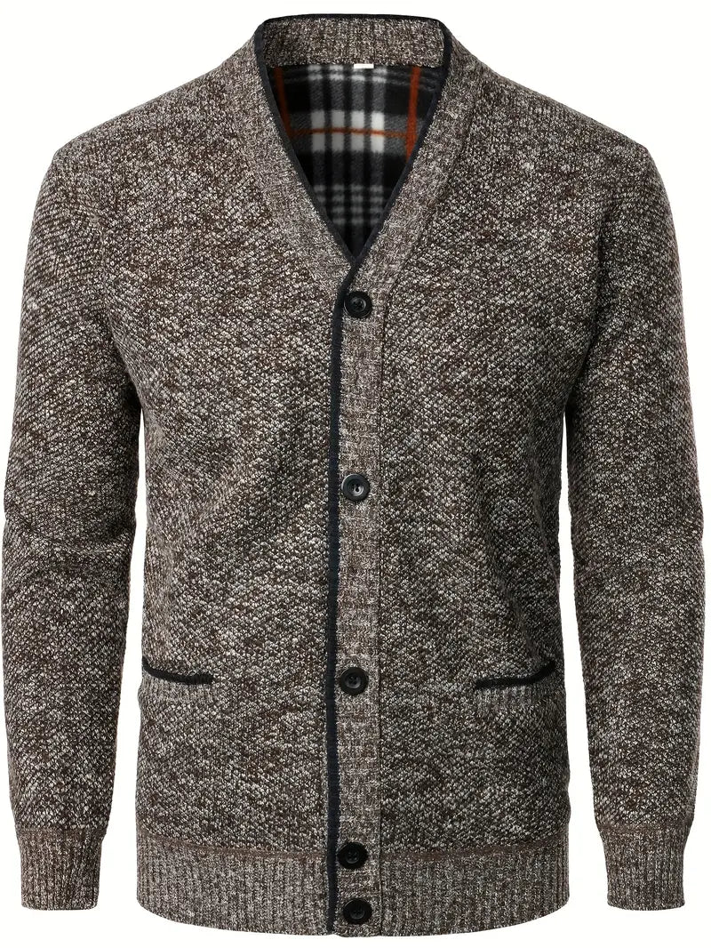 Herren Strickpullover Knopfleiste Taschen Langarm gefütterter Innenraum bequem