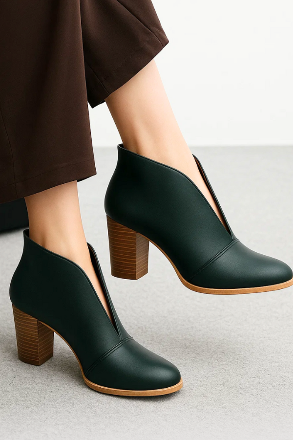 Damen Stiefeletten V-Ausschnitt Blockabsatz Slip-On bequem vielseitig