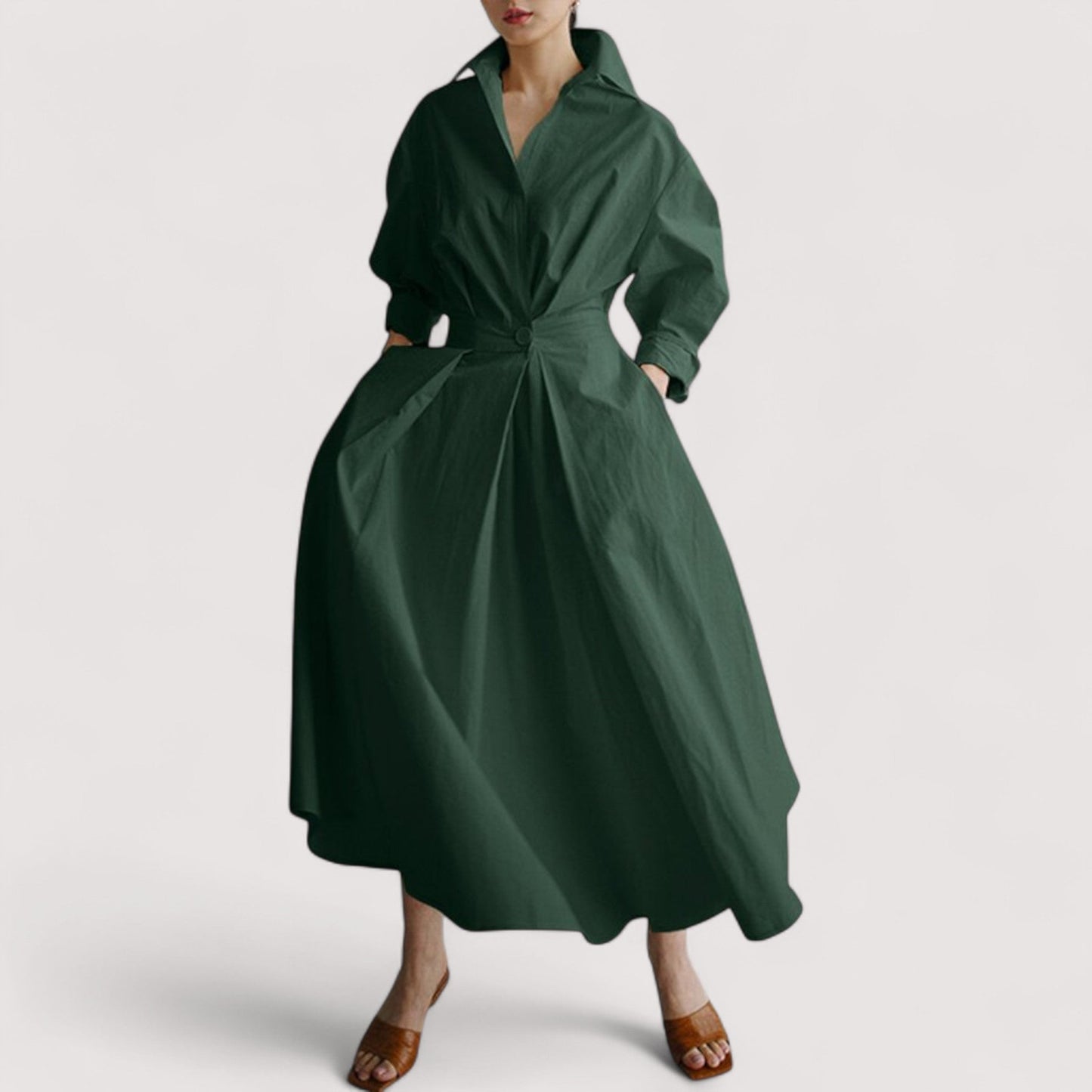 Damen Maxikleid Reverskragen elastischer Bund weit schwingend elegant