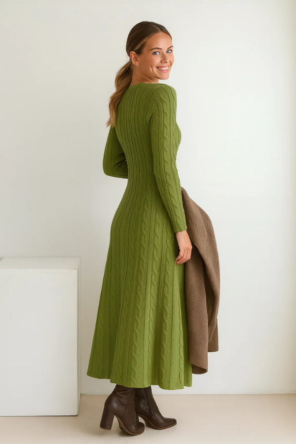 Damen Langkleid Strick figurbetont mit Rundhalsausschnitt langärmlig elastisch bequeme Passform elegant