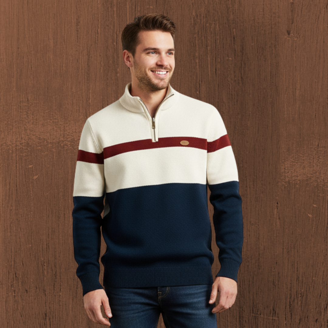 Herren Strickpullover gestreifter halber Reißverschluss Stehkragen angenehm warm
