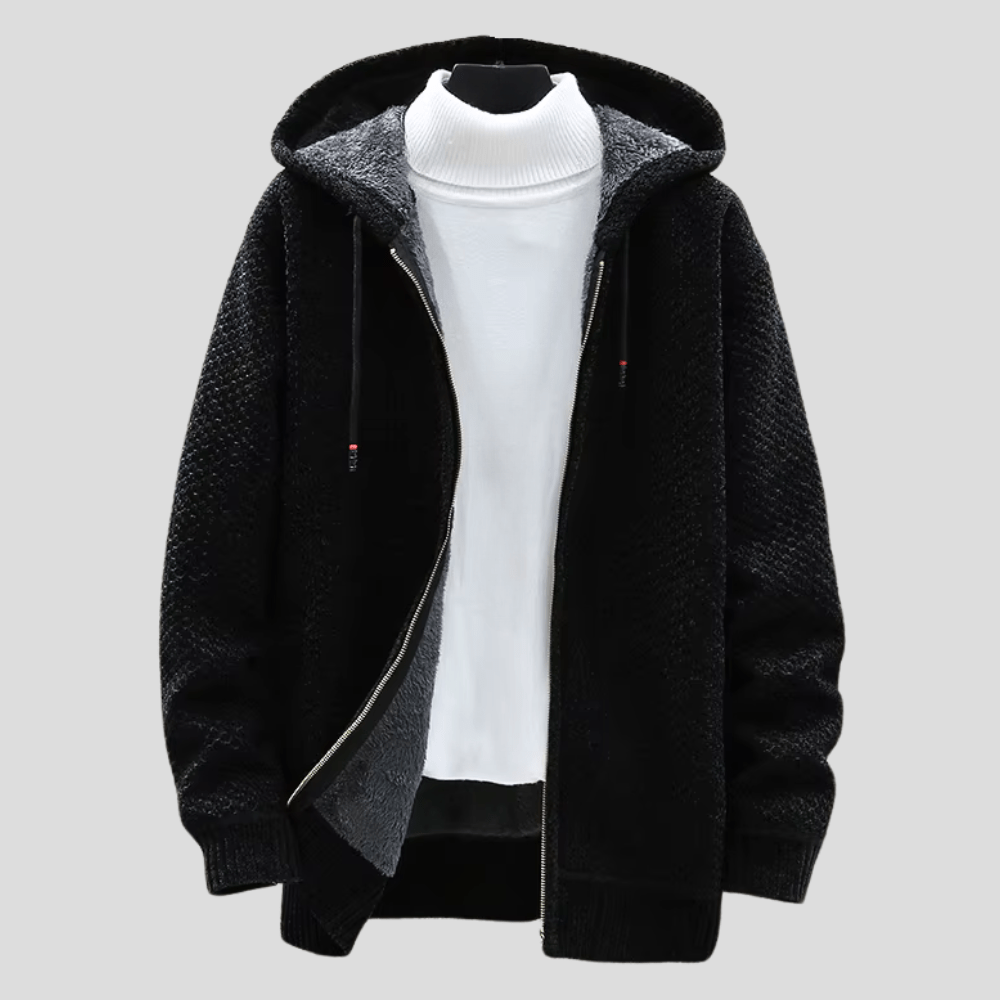 Herren Strickjacke mit Kapuze Regular Fit Fleece Innen gefüttert Reißverschluss Warm Strukturiert Alltag Herbst Winter Minimalistisch